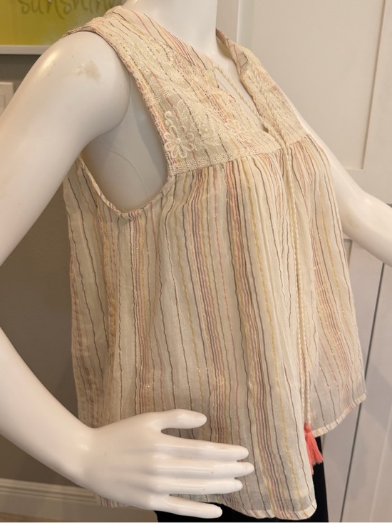 NWT Miss Me Sz S Cream Striped Tassel Camisole with Coral Accents gold threading - Picture 3 of 8